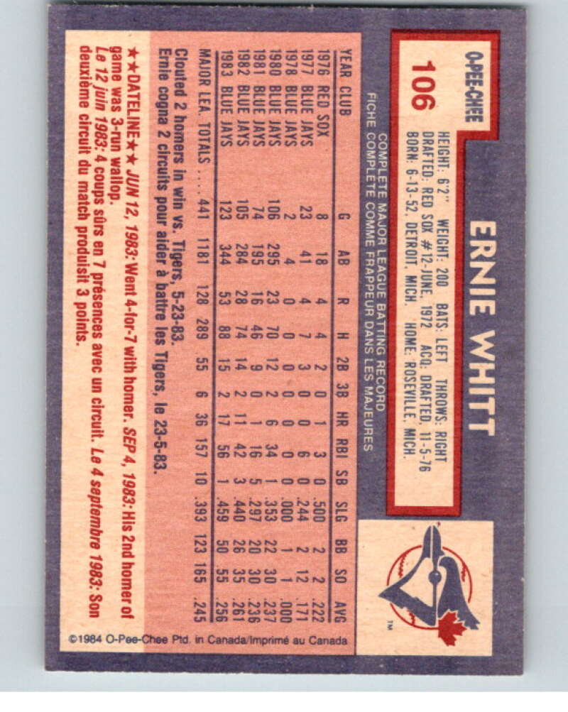 1984 O-Pee-Chee Baseball #106 Ernie Whitt  Toronto Blue Jays  V59948 Image 2