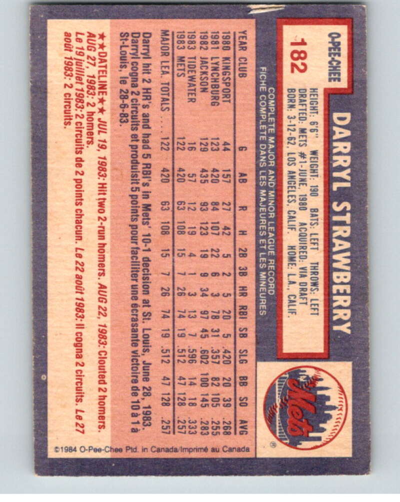 1984 O-Pee-Chee Baseball #182 Darryl Strawberry  RC Rookie  V59952 Image 2