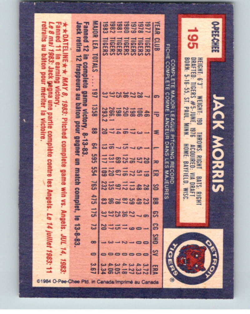 1984 O-Pee-Chee Baseball #195 Jack Morris  Detroit Tigers  V59954 Image 2