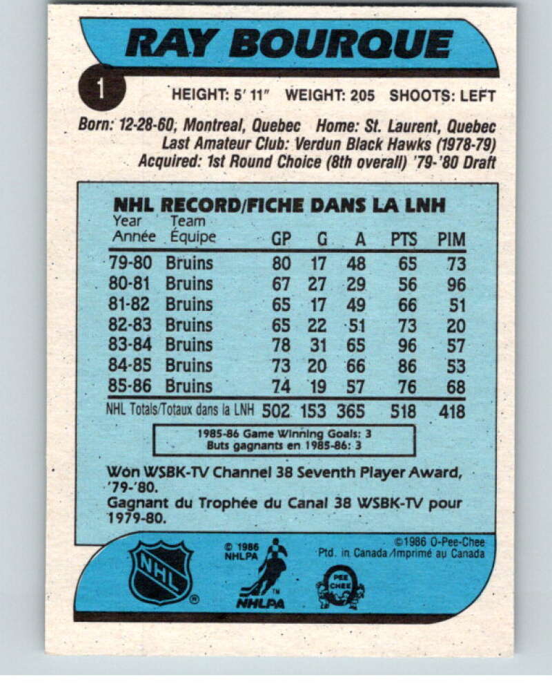 1986-87 O-Pee-Chee #1 Ray Bourque  Boston Bruins  V63203 Image 2