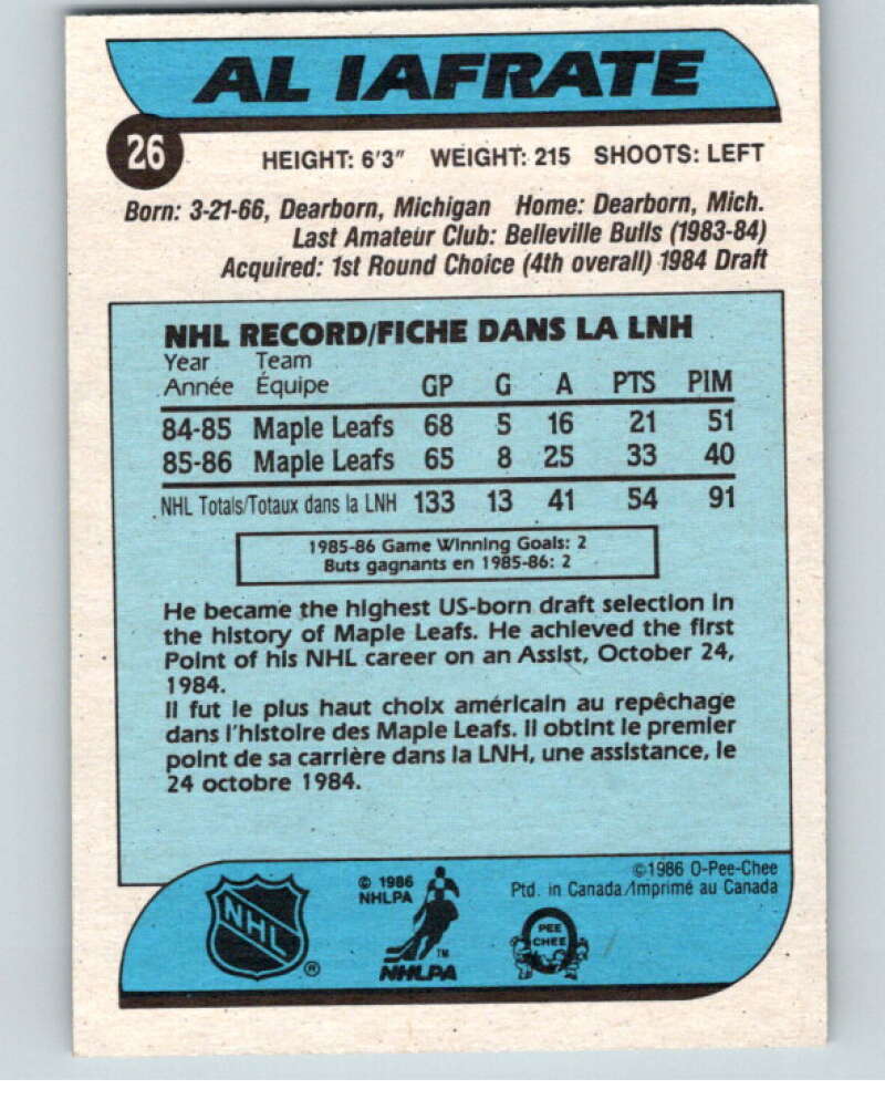 1986-87 O-Pee-Chee #26 Al Iafrate  Toronto Maple Leafs  V63250 Image 2
