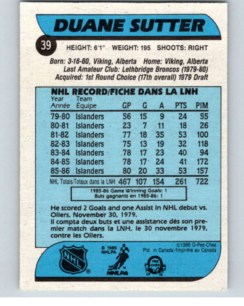 1986-87 O-Pee-Chee #39 Duane Sutter  New York Islanders  V63275 Image 2