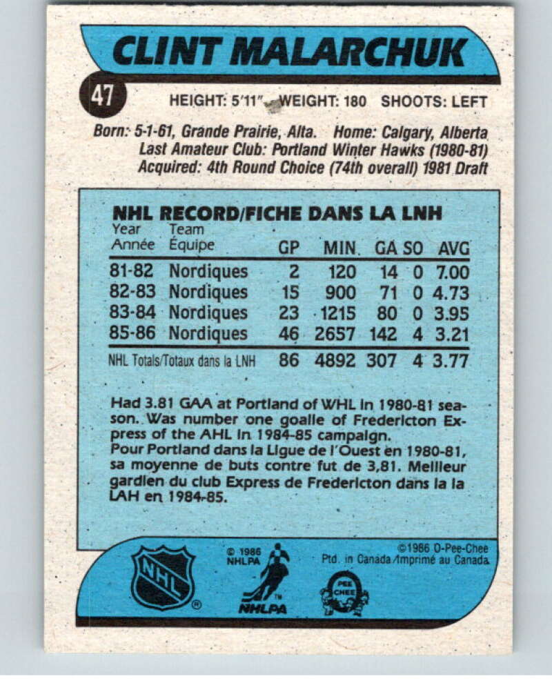 1986-87 O-Pee-Chee #47 Clint Malarchuk  RC Rookie Quebec Nordiques  V63289 Image 2
