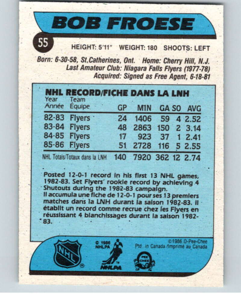 1986-87 O-Pee-Chee #55 Bob Froese  Philadelphia Flyers  V63300 Image 2
