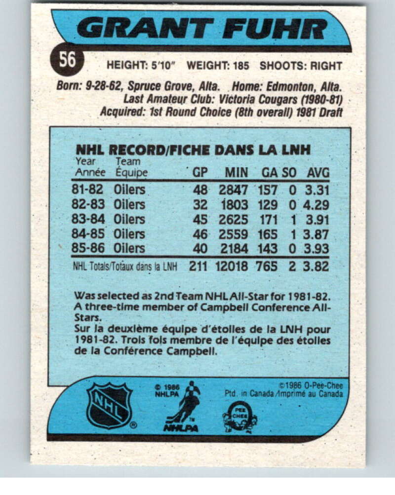 1986-87 O-Pee-Chee #56 Grant Fuhr  Edmonton Oilers  V63301 Image 2