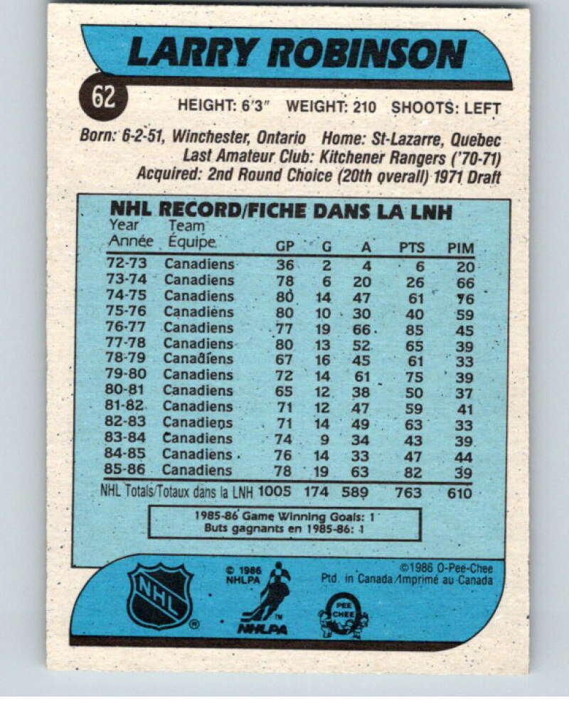 1986-87 O-Pee-Chee #62 Larry Robinson  Montreal Canadiens  V63312 Image 2
