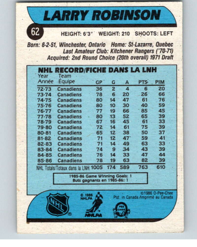 1986-87 O-Pee-Chee #62 Larry Robinson  Montreal Canadiens  V63313 Image 2