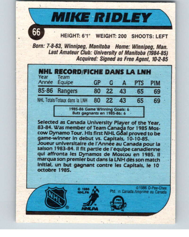 1986-87 O-Pee-Chee #66 Mike Ridley  RC Rookie New York Rangers  V63321 Image 2