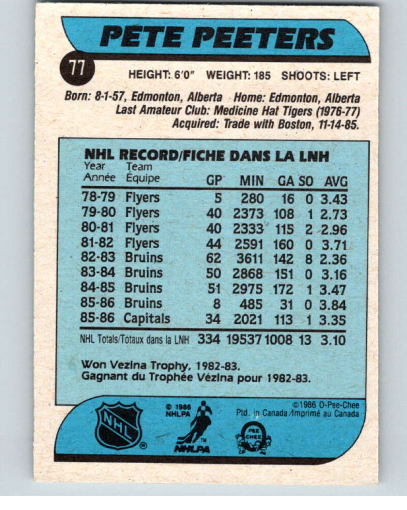 1986-87 O-Pee-Chee #77 Pete Peeters  Washington Capitals  V63349 Image 2