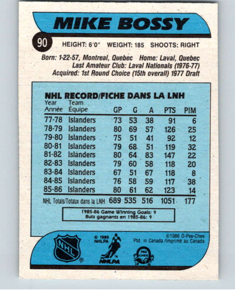 1986-87 O-Pee-Chee #90 Mike Bossy  New York Islanders  V63381 Image 2