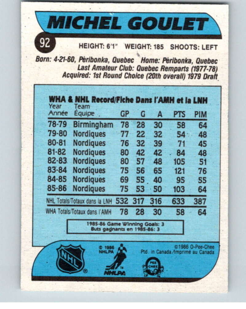 1986-87 O-Pee-Chee #92 Michel Goulet  Quebec Nordiques  V63385 Image 2