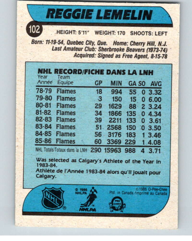 1986-87 O-Pee-Chee #102 Reggie Lemelin  Calgary Flames  V63410 Image 2