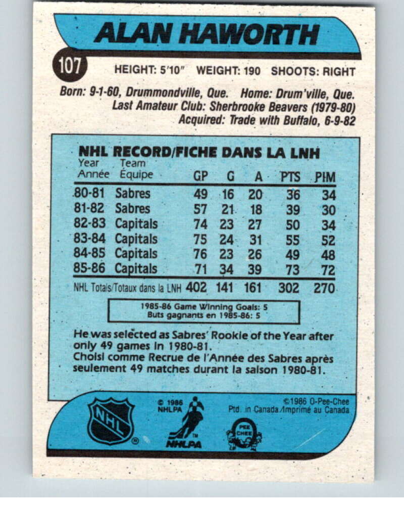 1986-87 O-Pee-Chee #107 Alan Haworth  Washington Capitals  V63427 Image 2