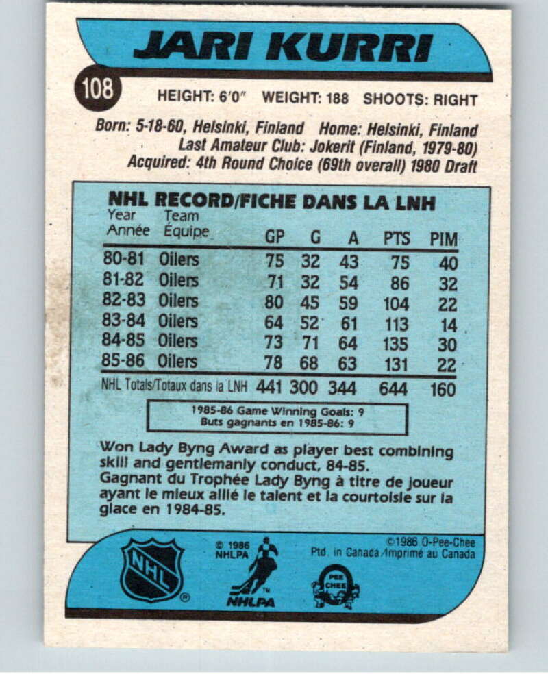 1986-87 O-Pee-Chee #108 Jari Kurri  Edmonton Oilers  V63429 Image 2