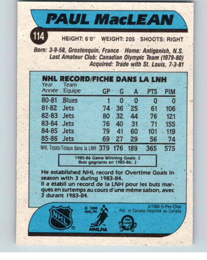 1986-87 O-Pee-Chee #114 Paul MacLean  Winnipeg Jets  V63445 Image 2