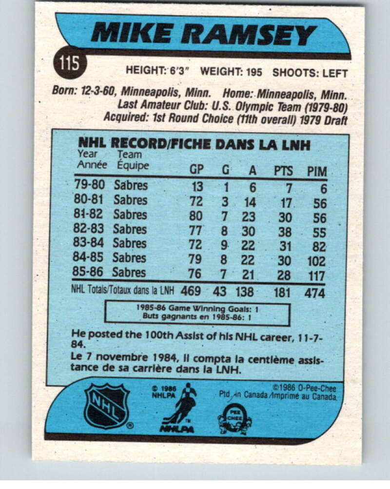 1986-87 O-Pee-Chee #115 Mike Ramsey  Buffalo Sabres  V63447 Image 2