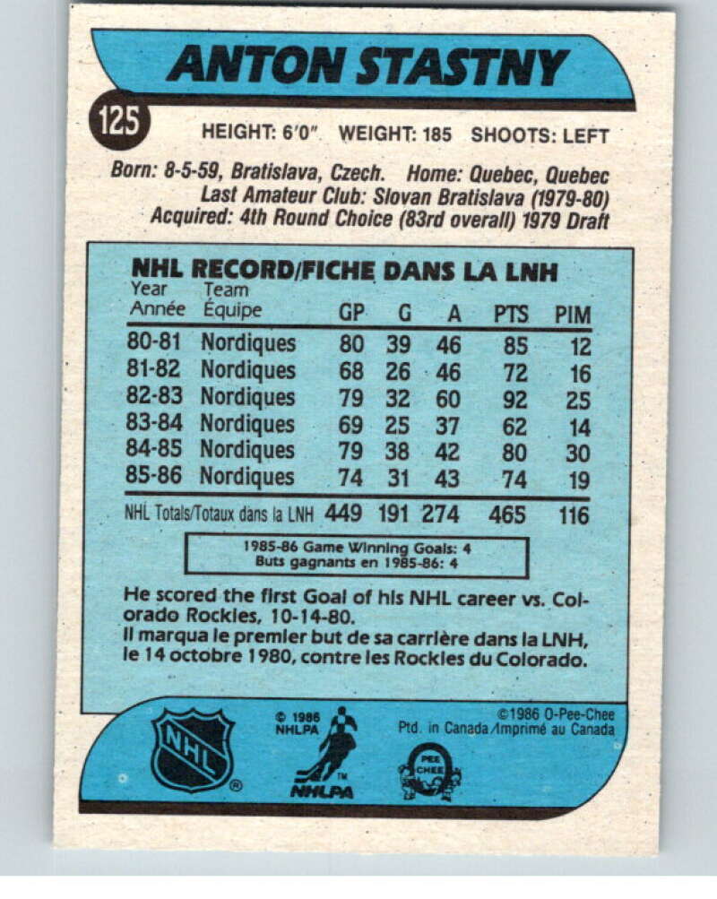 1986-87 O-Pee-Chee #125 Anton Stastny  Quebec Nordiques  V63462 Image 2