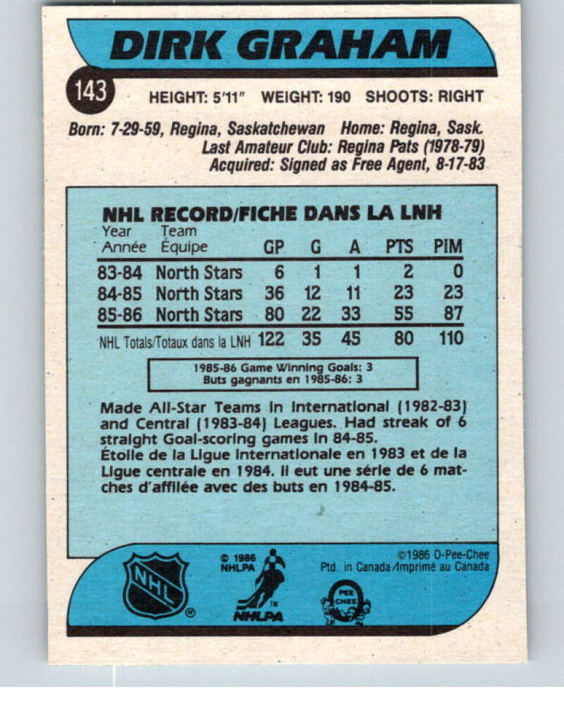 1986-87 O-Pee-Chee #143 Dirk Graham  RC Rookie North Stars  V63510 Image 2