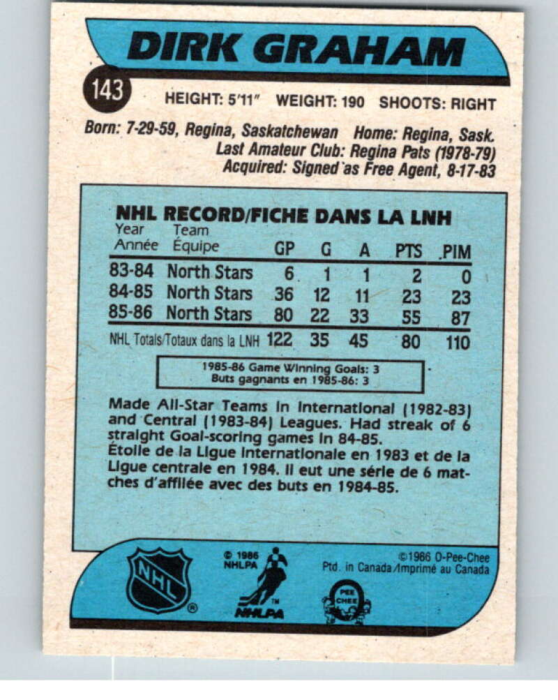 1986-87 O-Pee-Chee #143 Dirk Graham  RC Rookie North Stars  V63511 Image 2