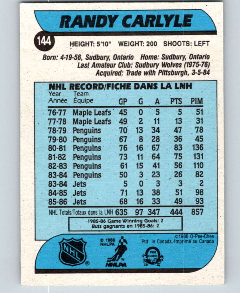 1986-87 O-Pee-Chee #144 Randy Carlyle  Winnipeg Jets  V63513 Image 2