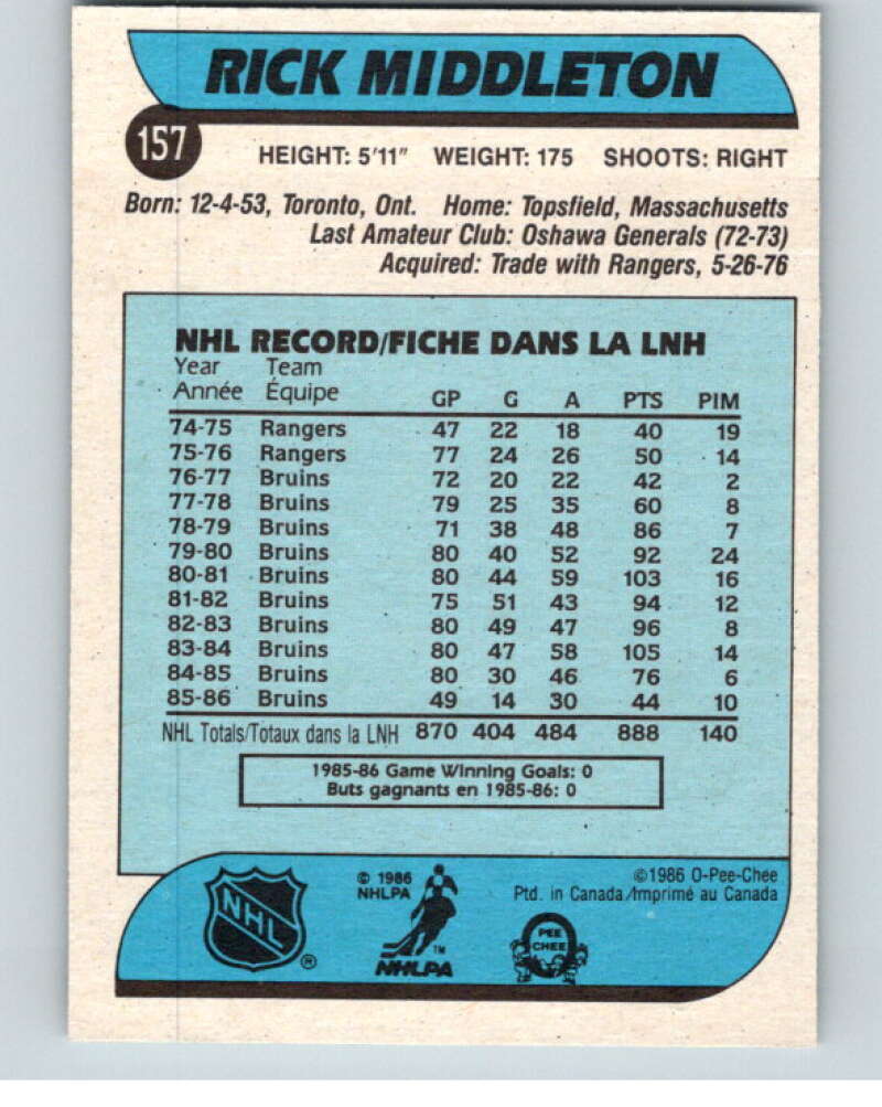 1986-87 O-Pee-Chee #157 Rick Middleton  Boston Bruins  V63533 Image 2