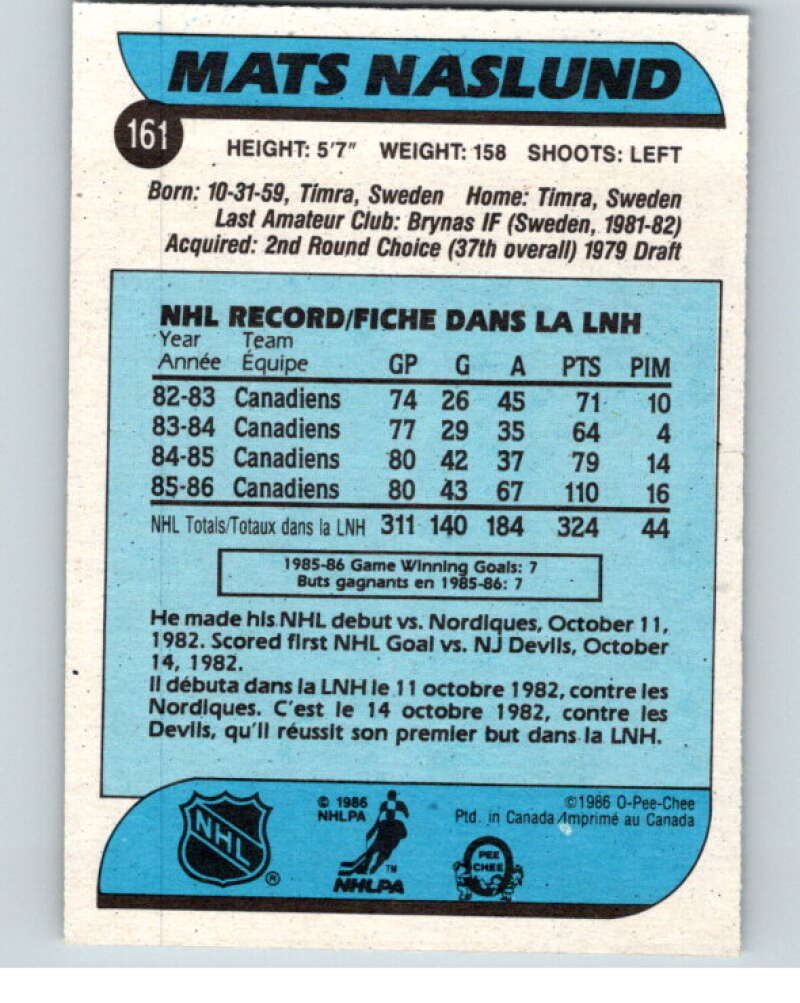 1986-87 O-Pee-Chee #161 Mats Naslund  Montreal Canadiens  V63542 Image 2