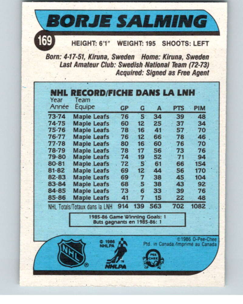 1986-87 O-Pee-Chee #169 Borje Salming  Toronto Maple Leafs  V63558 Image 2