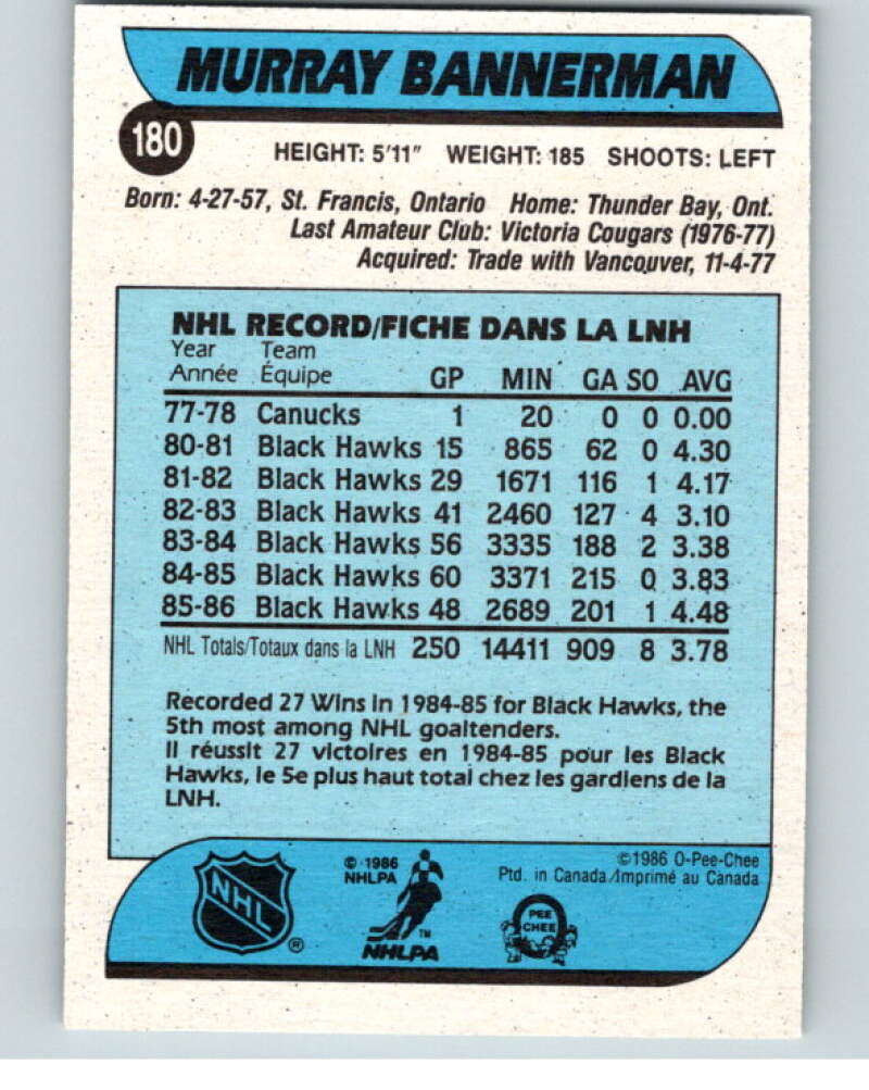 1986-87 O-Pee-Chee #180 Murray Bannerman  Chicago Blackhawks  V63571 Image 2