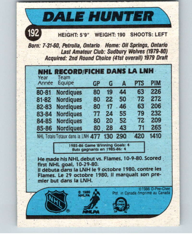 1986-87 O-Pee-Chee #192 Dale Hunter  Quebec Nordiques  V63595 Image 2