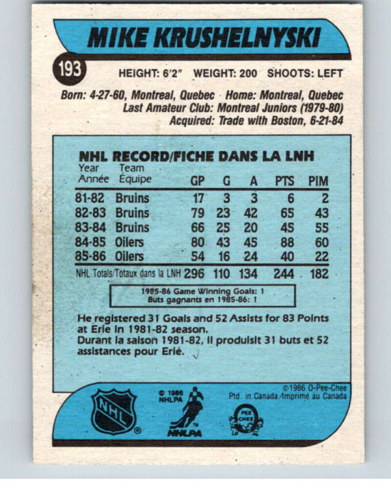 1986-87 O-Pee-Chee #193 Mike Krushelnyski  Edmonton Oilers  V63600 Image 2