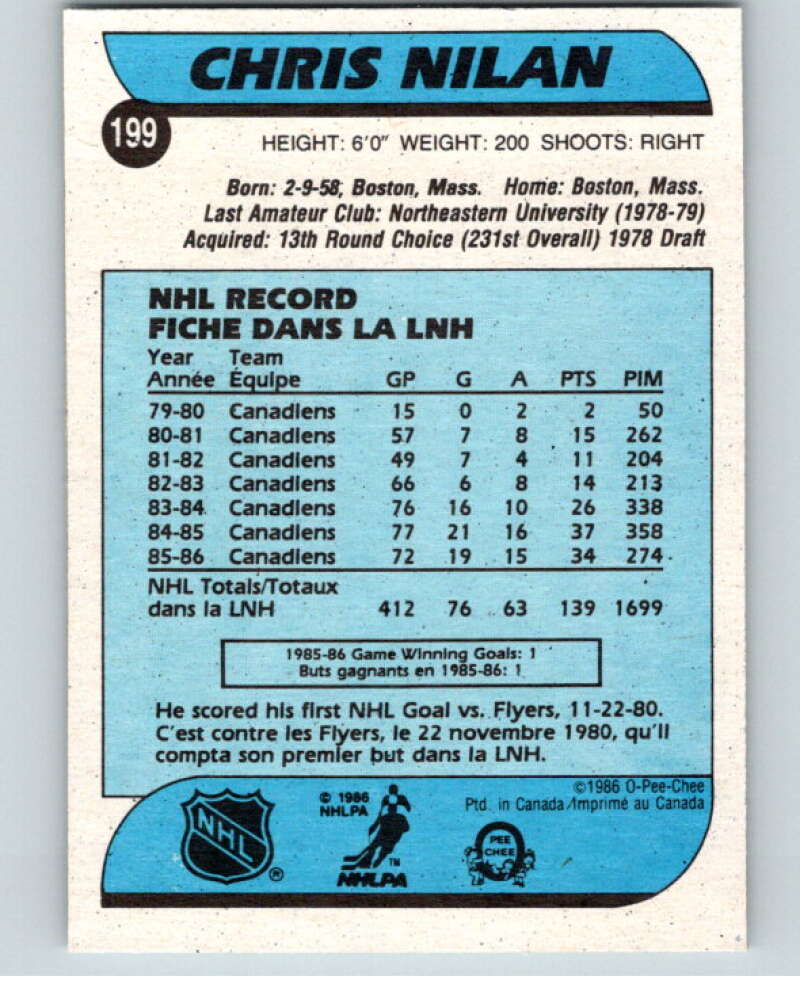 1986-87 O-Pee-Chee #199 Chris Nilan  Montreal Canadiens  V63610 Image 2