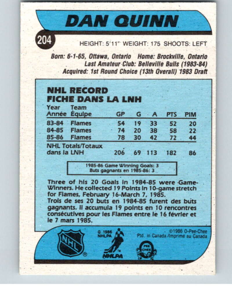 1986-87 O-Pee-Chee #204 Dan Quinn  Calgary Flames  V63617 Image 2