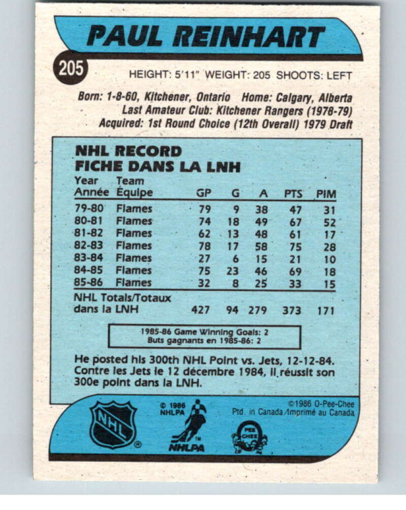 1986-87 O-Pee-Chee #205 Paul Reinhart  Calgary Flames  V63619 Image 2