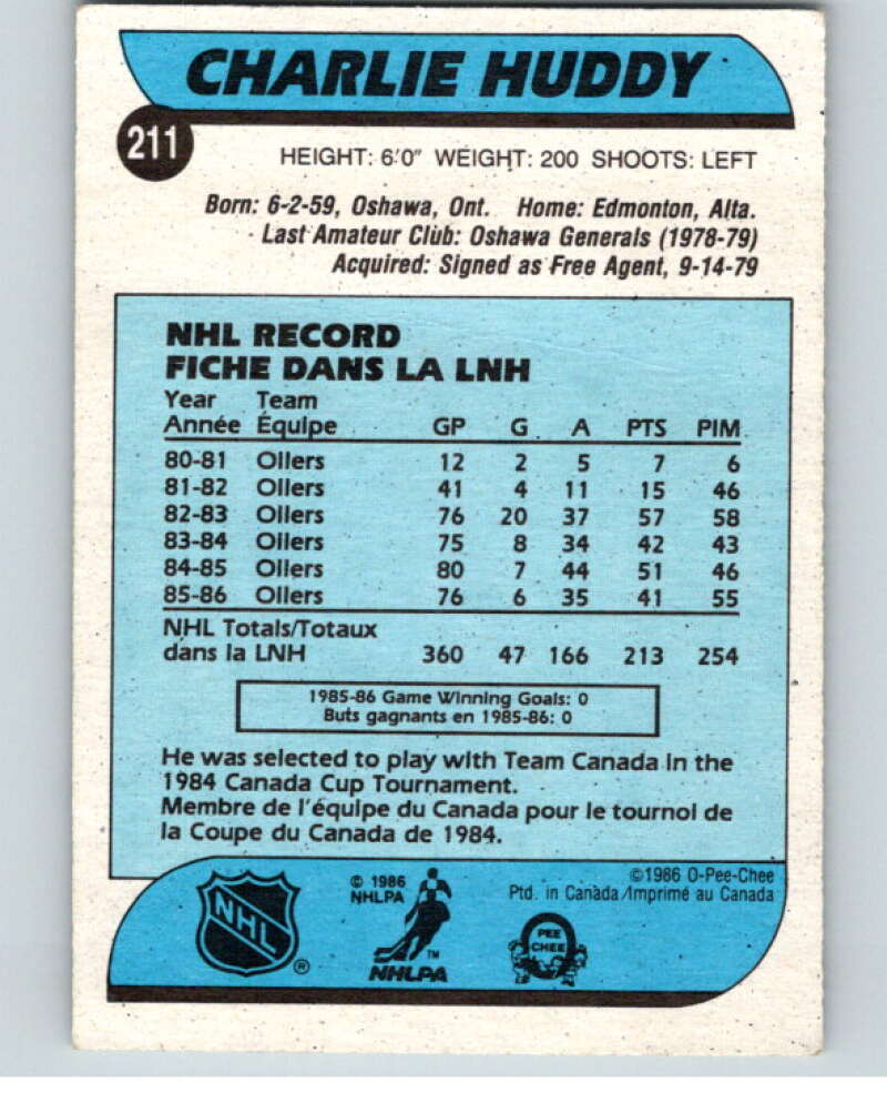 1986-87 O-Pee-Chee #211 Charlie Huddy  Edmonton Oilers  V63630 Image 2