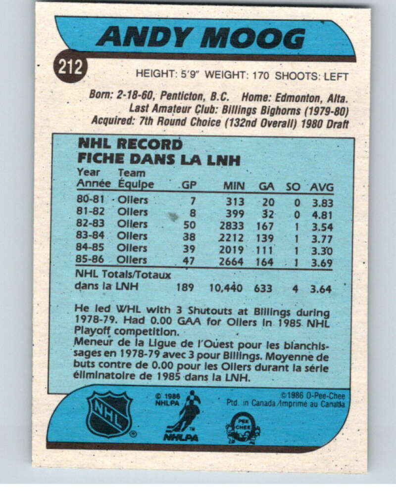 1986-87 O-Pee-Chee #212 Andy Moog  Edmonton Oilers  V63632 Image 2