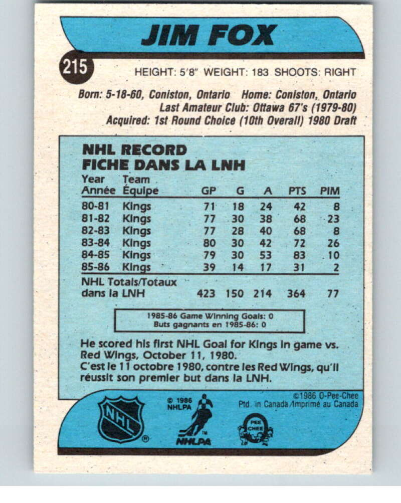 1986-87 O-Pee-Chee #215 Jim Fox  Los Angeles Kings  V63638 Image 2