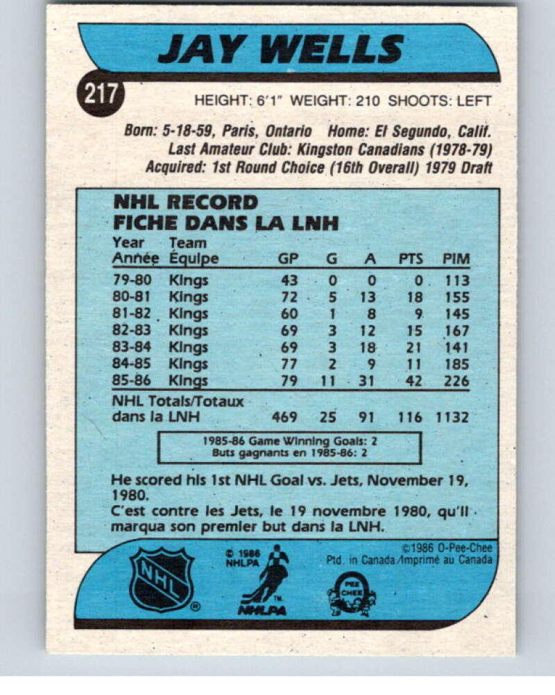 1986-87 O-Pee-Chee #217 Jay Wells  Los Angeles Kings  V63642 Image 2