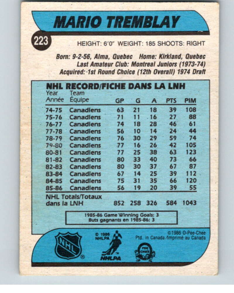 1986-87 O-Pee-Chee #223 Mario Tremblay  Montreal Canadiens  V63654 Image 2