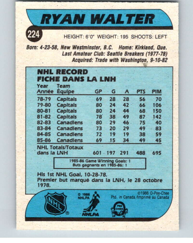 1986-87 O-Pee-Chee #224 Ryan Walter  Montreal Canadiens  V63656 Image 2