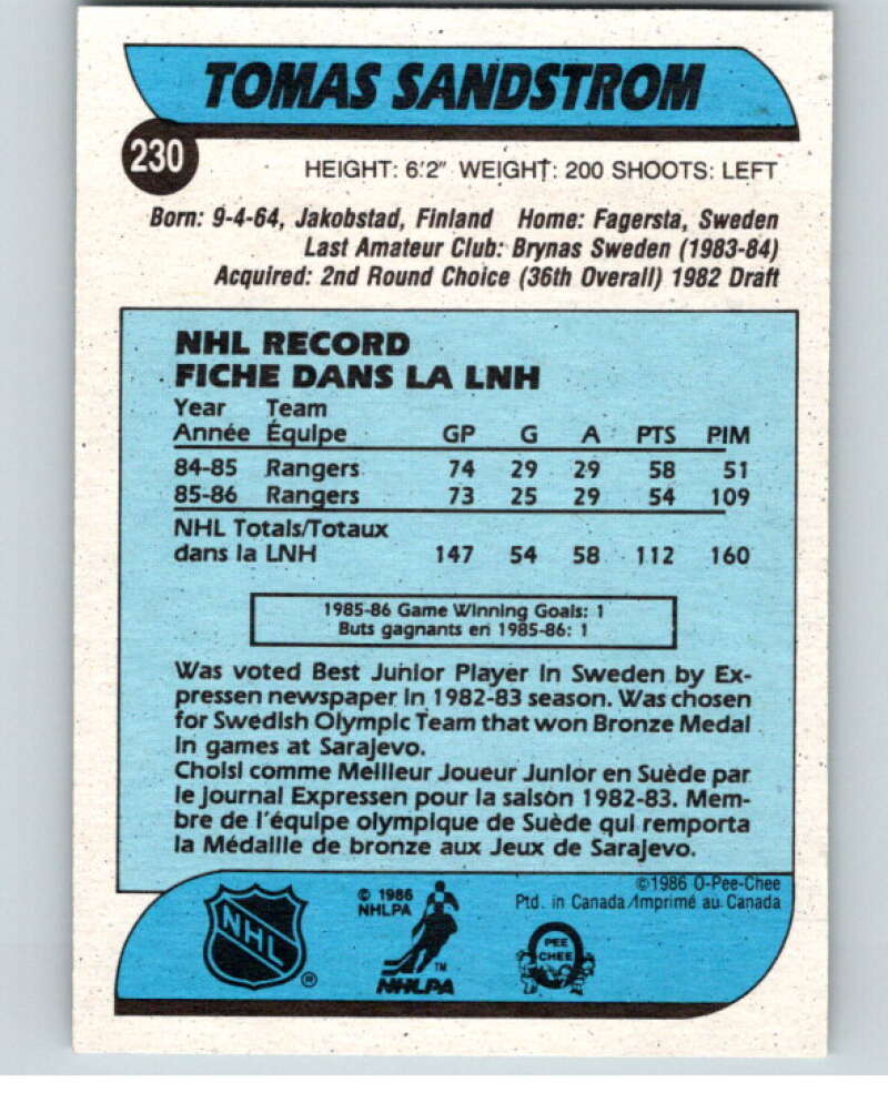 1986-87 O-Pee-Chee #230 Tomas Sandstrom  New York Rangers  V63672 Image 2