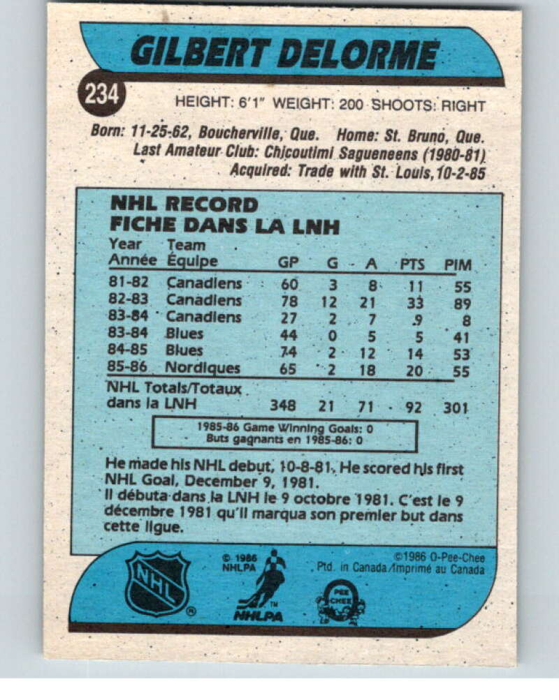 1986-87 O-Pee-Chee #234 Gilbert Delorme  Quebec Nordiques  V63678 Image 2