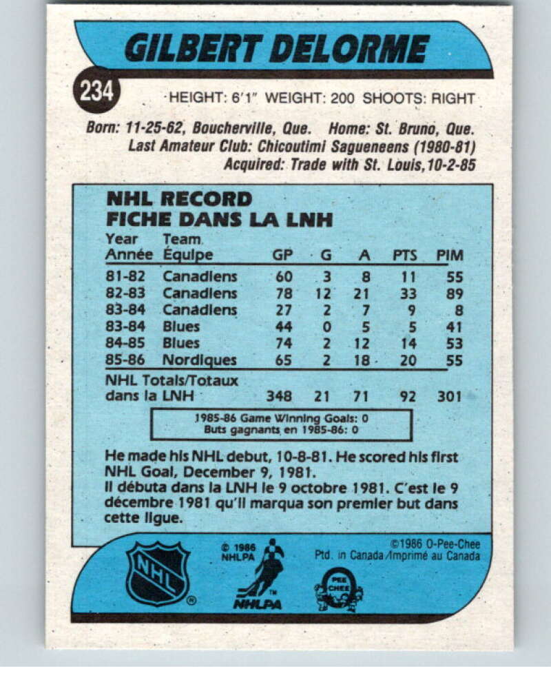 1986-87 O-Pee-Chee #234 Gilbert Delorme  Quebec Nordiques  V63679 Image 2