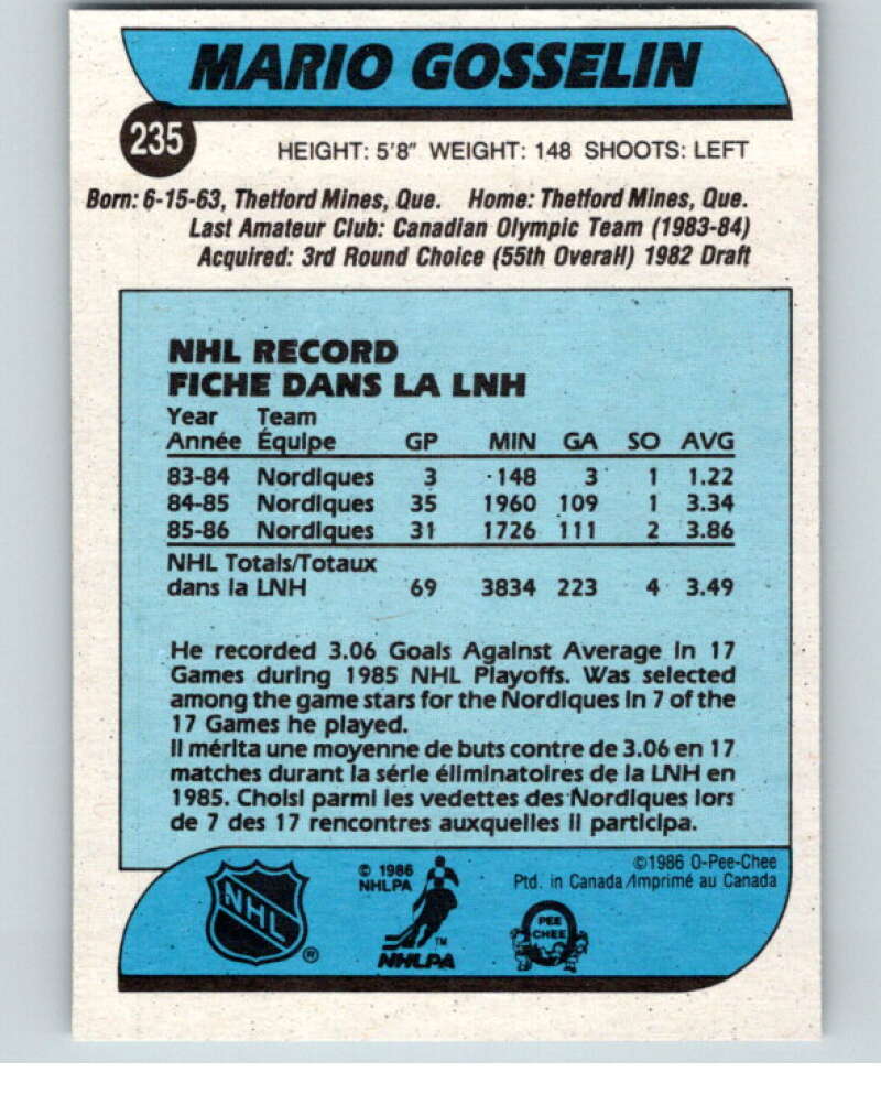 1986-87 O-Pee-Chee #235 Mario Gosselin  Quebec Nordiques  V63680 Image 2