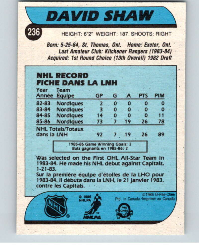 1986-87 O-Pee-Chee #236 David Shaw  RC Rookie Quebec Nordiques  V63681 Image 2