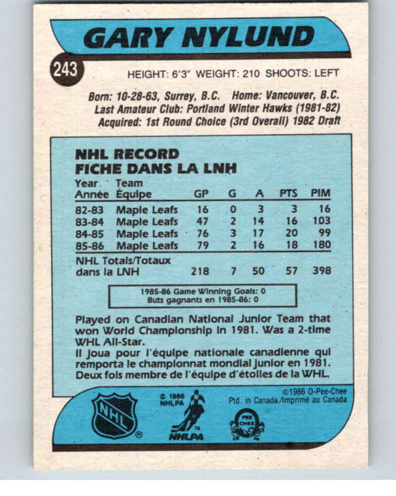 1986-87 O-Pee-Chee #243 Gary Nylund  Chicago Blackhawks  V63697 Image 2