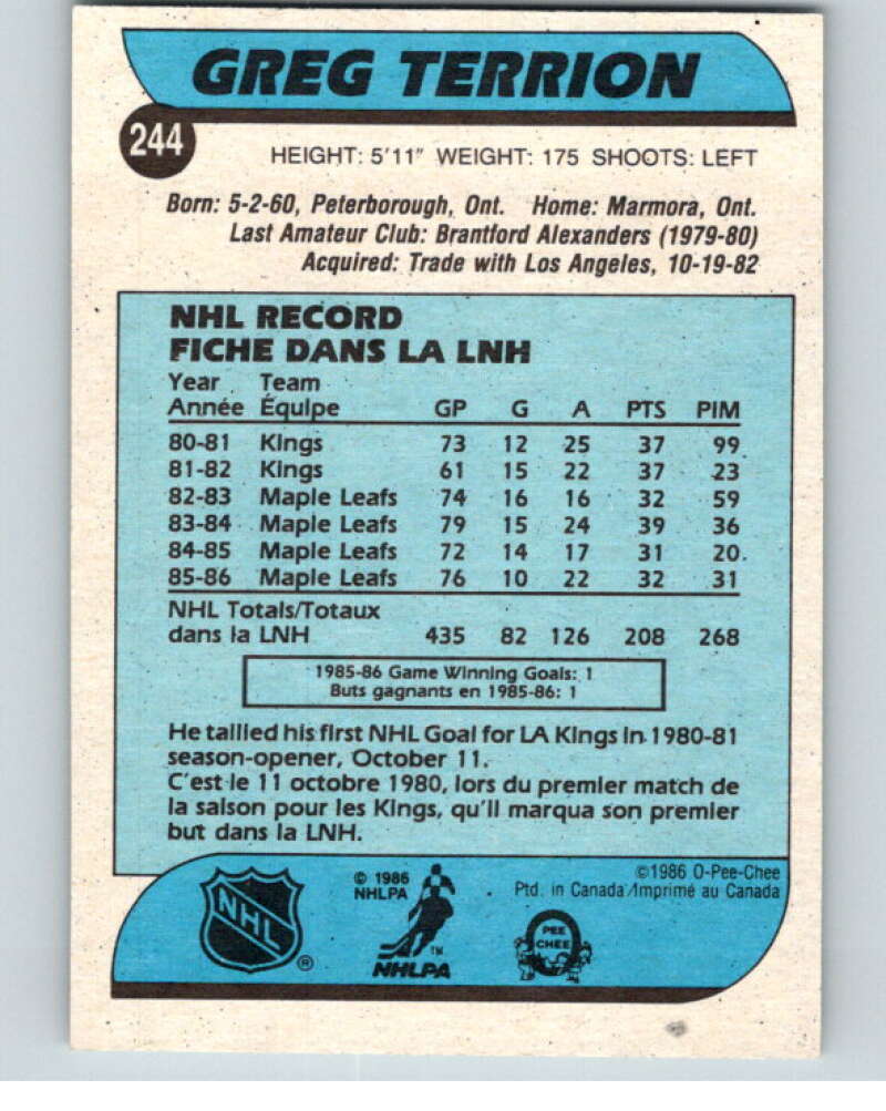 1986-87 O-Pee-Chee #244 Greg Terrion  Toronto Maple Leafs  V63699 Image 2