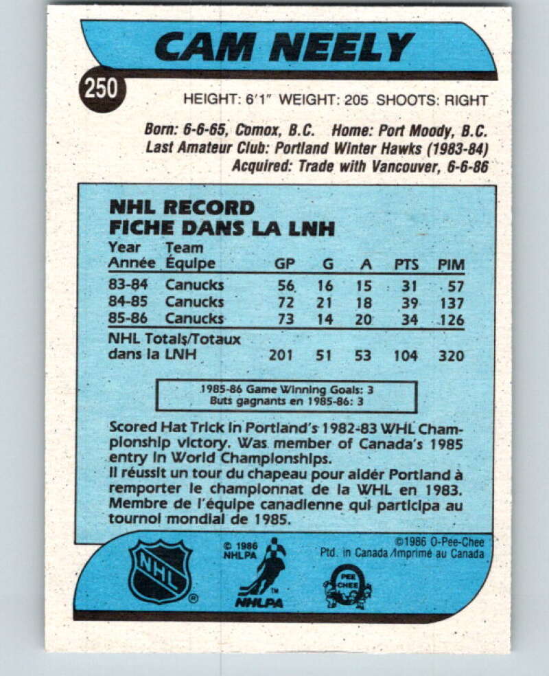 1986-87 O-Pee-Chee #250 Cam Neely  Boston Bruins  V63706 Image 2