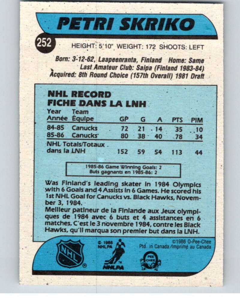 1986-87 O-Pee-Chee #252 Petri Skriko  RC Rookie Canucks  V63708 Image 2