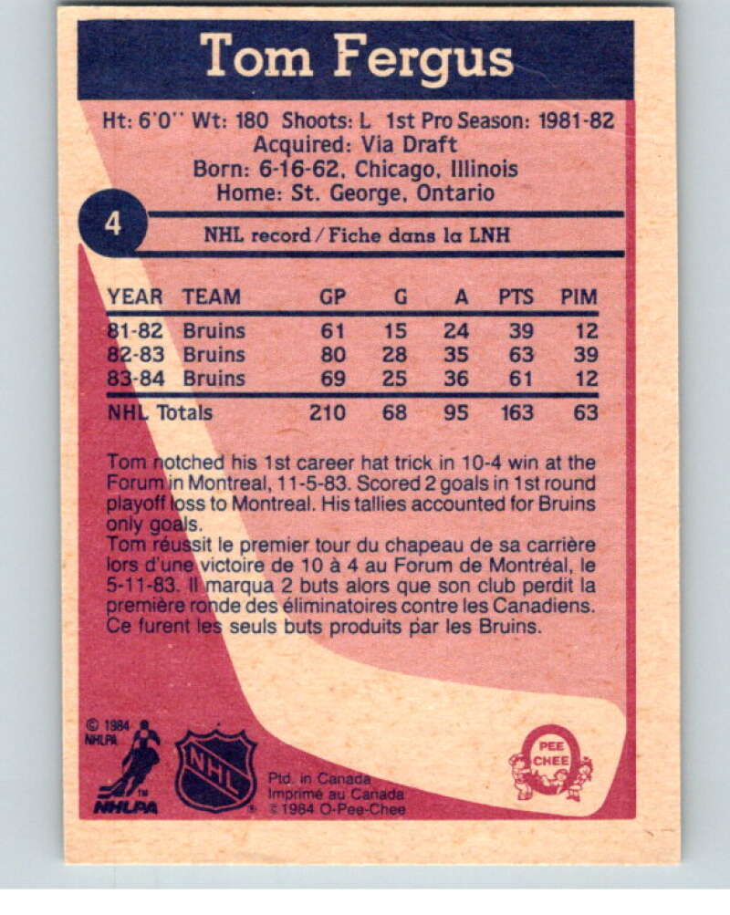 1984-85 O-Pee-Chee #4 Tom Fergus  Boston Bruins  V63742 Image 2