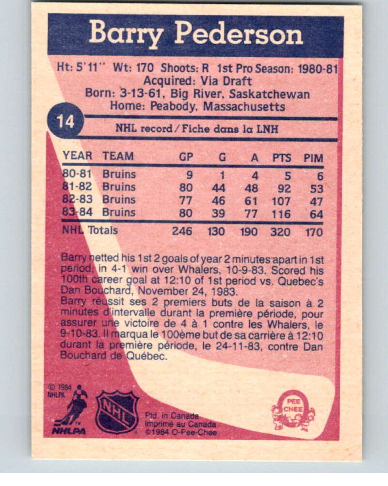 1984-85 O-Pee-Chee #14 Barry Pederson  Boston Bruins  V63776 Image 2
